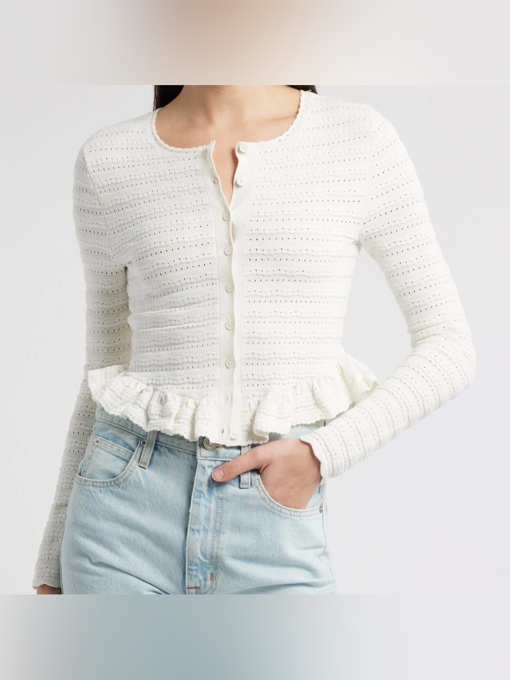 LoveShackFancy Rogan Pointelle Cardigan in Ivory